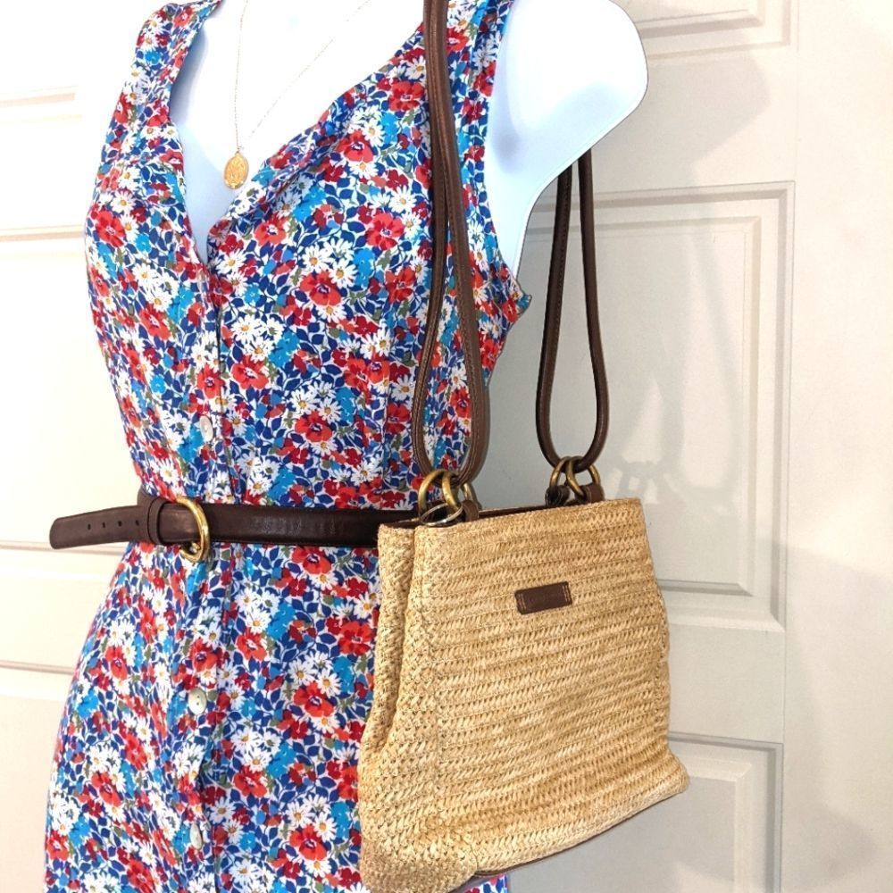 Connections Vintage Woven Straw Bag purse crossbody shoulder genuine leather